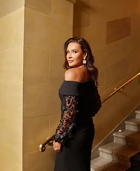 Xscape Petite Off-The-Shoulder Floral-Sleeve Gown