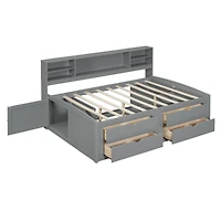 Simplie Fun Full Size Wood Daybed With 2 Bedside Cabinets, Upper Shelves And 4 Drawers, Gray