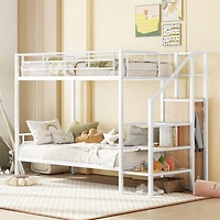 Simplie Fun Twin Over Twin Metal Bunk Bed With Lateral Storage Ladder And Wardrobe, White