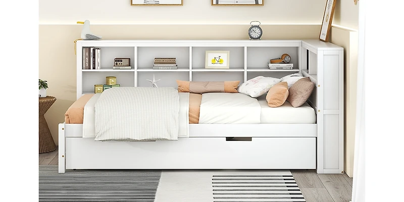 Simplie Fun Wooden Twin Size Daybed With Twin Trundle, Daybed With Storage Shelf And Usb Charging Ports