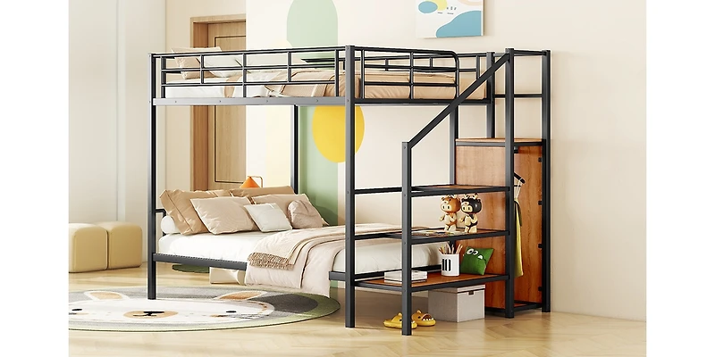 Simplie Fun Full Over Metal Bunk Bed With Lateral Storage Ladder And Wardrobe, White