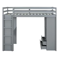 Simplie Fun Twin Loft Bed With Large Shelves, Writing Desk And Led Light, White