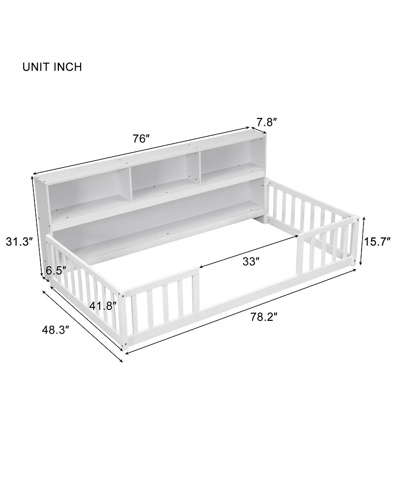 Simplie Fun Twin Floor Bed With Bedside Bookcase, Shelves, Guardrails, White