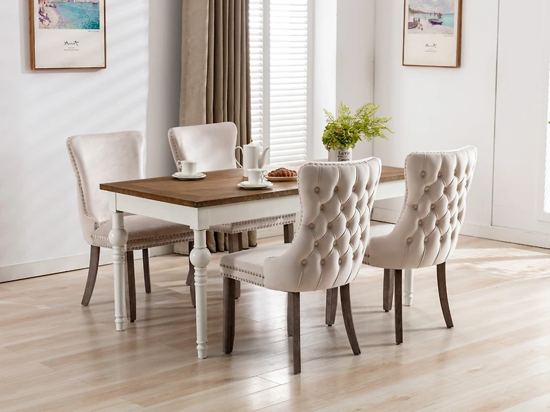 Streamdale 2 Beige Wingback Dining Chairs with Nailhead Trim & Wood Legs