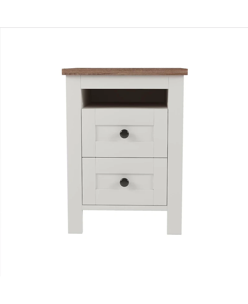 Simplie Fun Farmhouse Wooden Nightstand with Storage, White+Brown