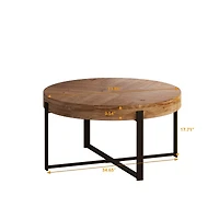 33.86"Modern Retro Splicing Round Coffee Table, Fir Wood Table Top With Black Cross Legs Base