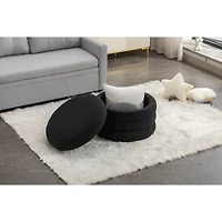 Streamdale Furniture Boucle Fabric Storage Round Ottoman Footstool With Wooden Shelving, Black