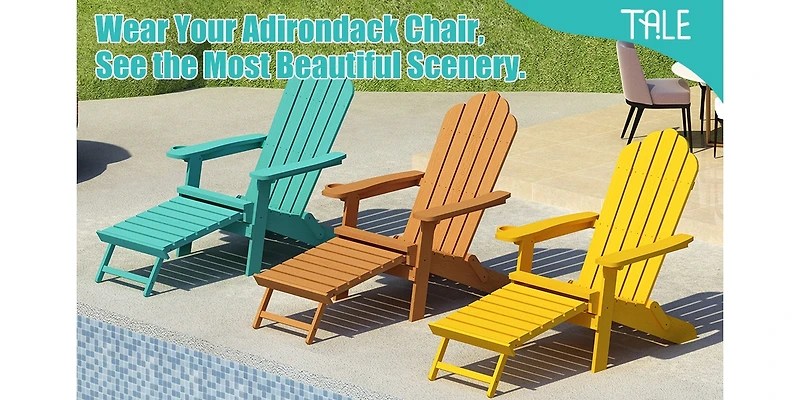 Simplie Fun Tale Folding Adirondack Chair with Pullout Ottoman with Cup Holder, Oversized, Poly Lumber, for Patio Deck Garden, Backyard Furniture, Eas