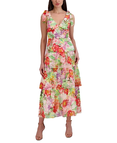 julia jordan Woman's Printed V-Neck Tie-Straps Tiered Dress