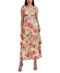 julia jordan Woman's Printed V-Neck Tie-Straps Tiered Dress