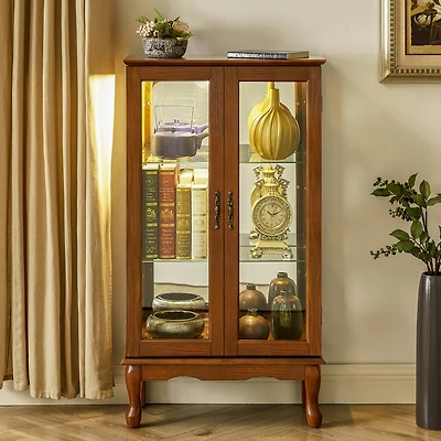 Curio Cabinet Lighted Curio Display Cabinet with Adjustable Shelves and Mirrored Back Panel, Tempered Glass Doors (Oak, 3 Tier), (E26 light bulb not i