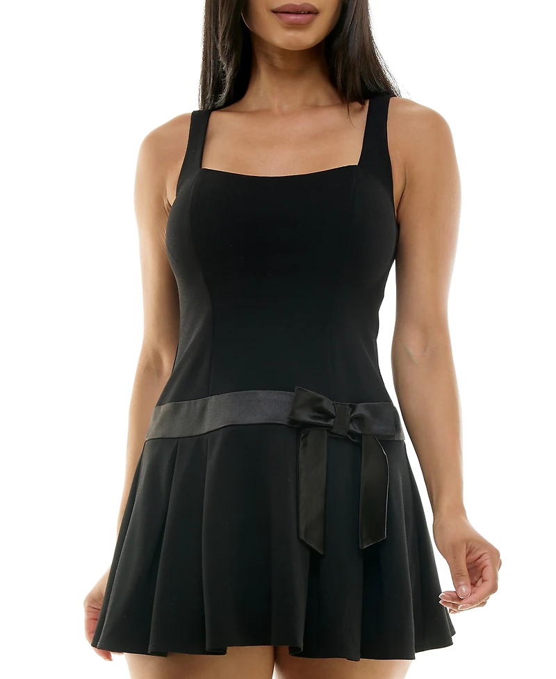 B Darlin Juniors' Drop-Waist Square-Neck Bow-Trim Dress
