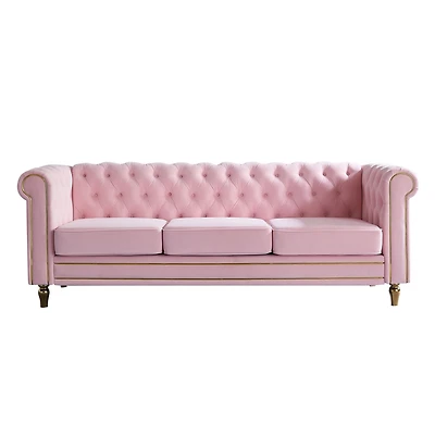 Simplie Fun Chesterfield Velvet Sofa 84.65 Inch For Living Room Pink Color