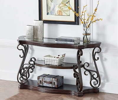 Streamdale Glass Sofa Table with Marble-Inspired Shelf