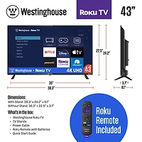 Westinghouse 43-Inch 4K Ultra Hd Smart Tv Hdr 60Hz Refresh Rate Compatible with Alexa & Google Assistant WR43UX4210