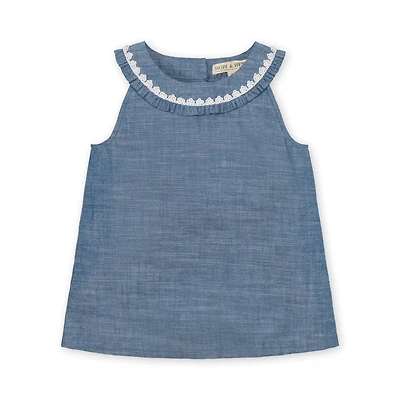 Hope & Henry Little Girls Sleeveless Ruffle Collar Chambray Button Back Top