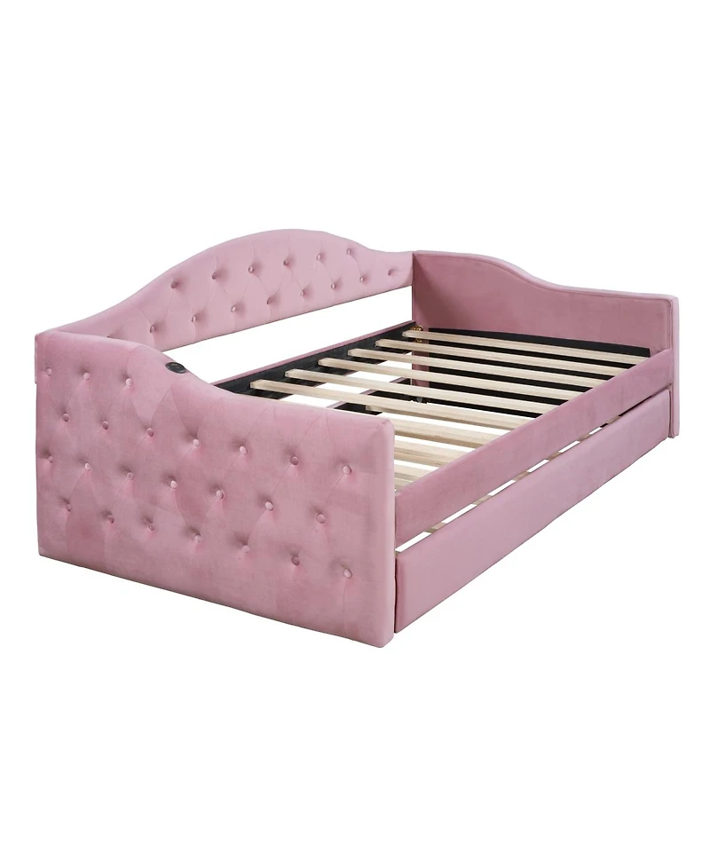 Simplie Fun Gray Velvet Daybed with Trundle & Usb Charging