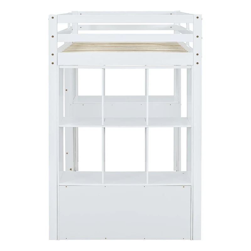 Simplie Fun Full Size Loft Bed With Large Shelves, Writing Desk And Led Light, White