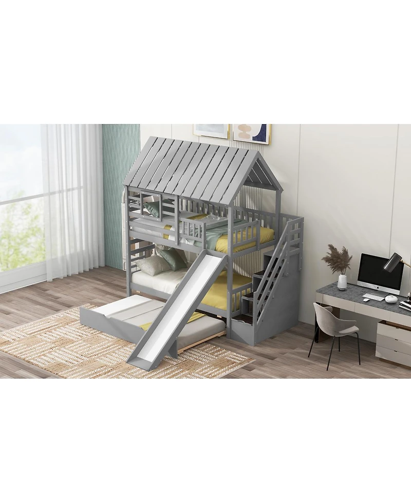 Simplie Fun Gray House Bunk Bed with Trundle, Slide, Storage stairway