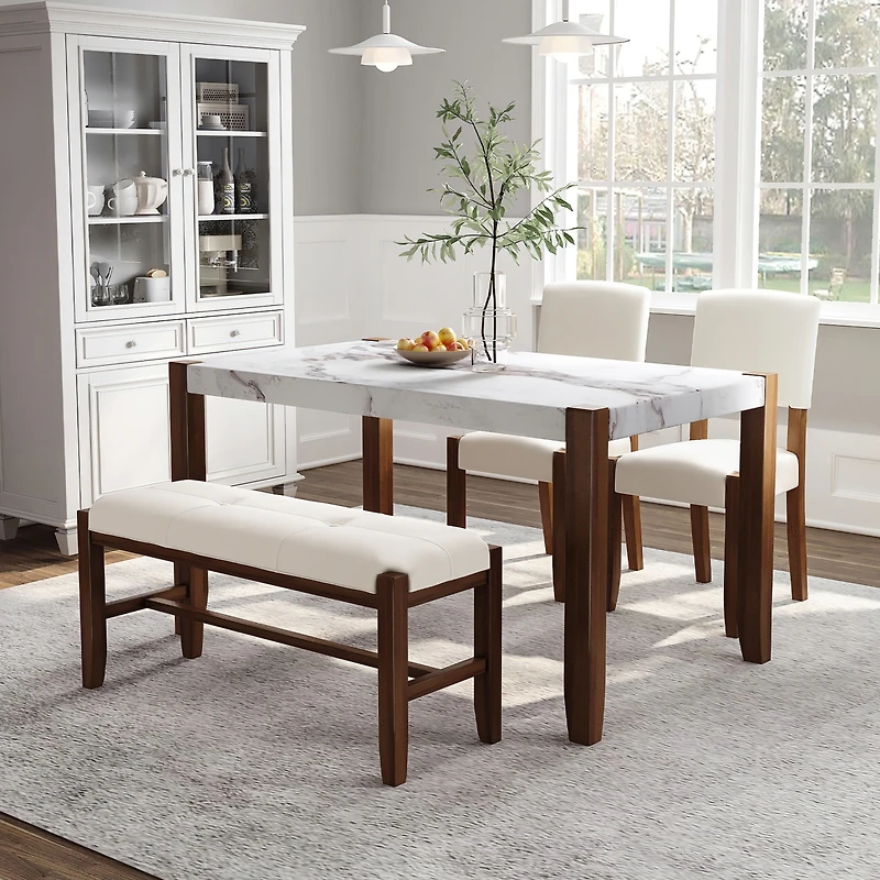 Streamdale Modern 4-Piece Dining Set - Faux Marble Table, 2 Chairs & Bench