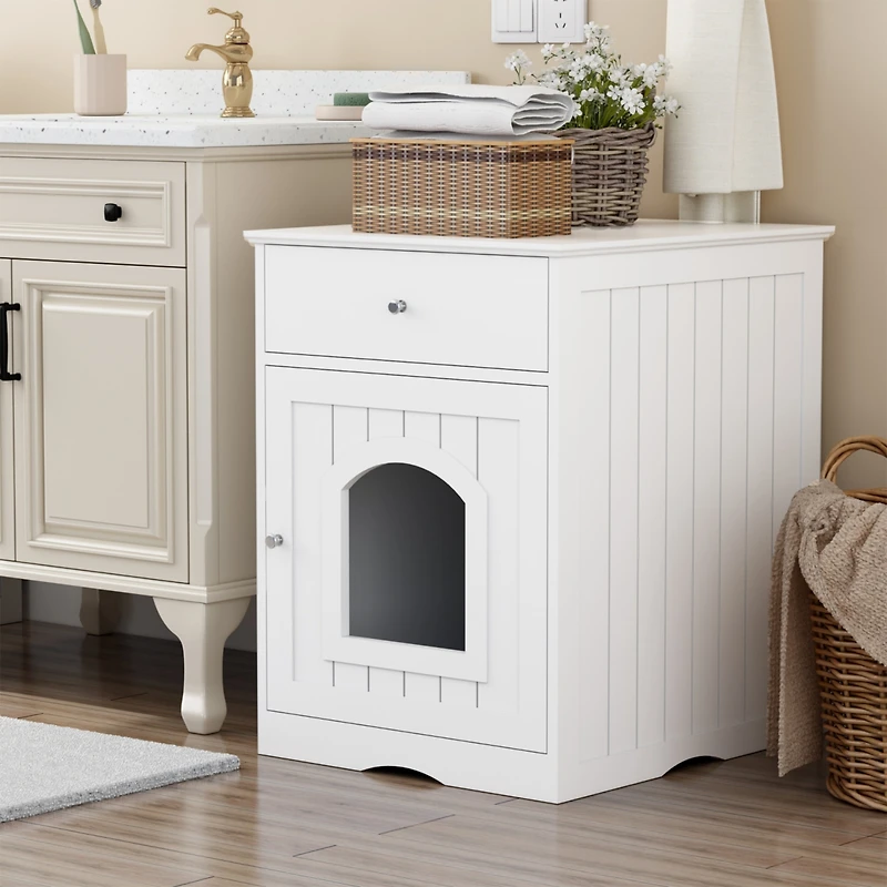 Streamdale Furniture Wooden Cat Litter Box Enclosure with Drawer & Side Table