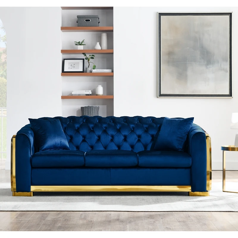 Streamdale Furniture Navy Blue Velvet Sofa Set with Gold Stainless Legs