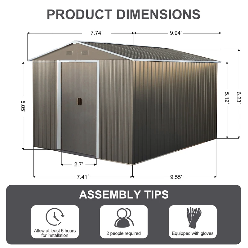 Streamdale 8x10FT Outdoor Metal Storage Shed Grey