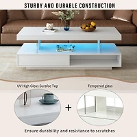 Simplie Fun Modern White Led Coffee Table with Storage, 2 Drawers, and Shelves