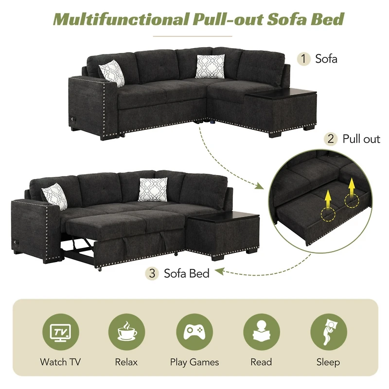 Simplie Fun 83.8" Reversible Sectional Pull-Out Sofa Bed L-Shaped Corner Sofa Couch