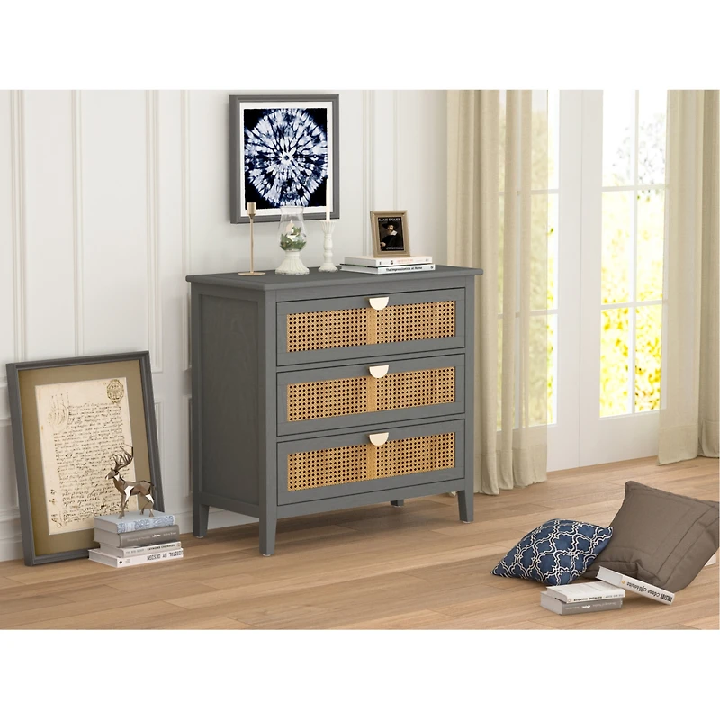 Streamdale Furniture 3 Drawer Cabinet Rattan, American Furniture, Suitable For Bedroom, Living Room, Study