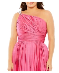 Mac Duggal Women's Plus One Shoulder Embellished Pleated Sleeveless Gown
