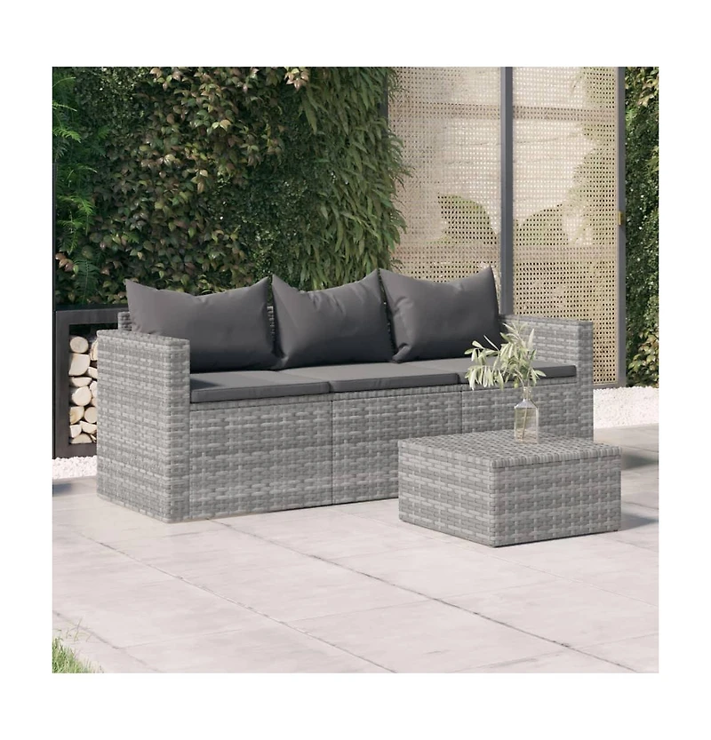 vidaXL 3-Seater Patio Sofa with Cushions Gray Poly Rattan
