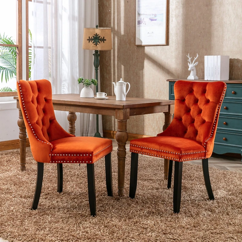 Modern Velvet Upholstered Dining Chair Set, Orange