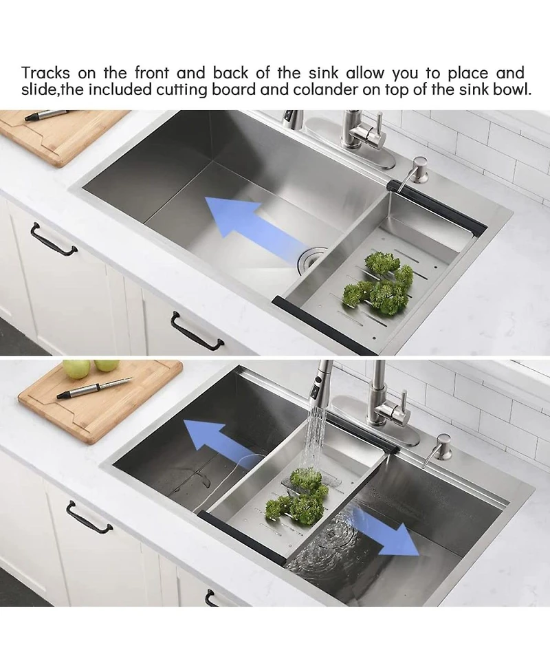 Streamdale Furniture Workstation 33-inch Drop-In 16 Gauge Kitchen Sink R10 Radius Stainless Steel Kitchen Sink Single Bowl with Integrated Ledge & Acc