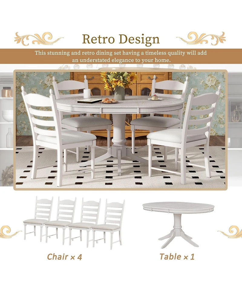 Simplie Fun 5-Piece Retro Functional Dining Table Set Wood Round Extendable Dining Table And 4