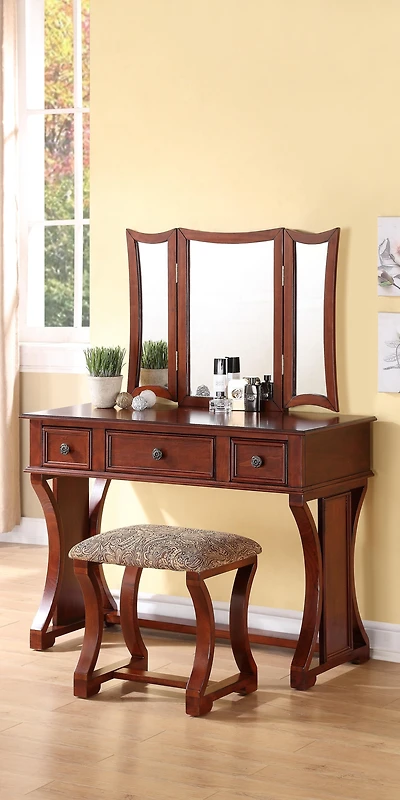 Streamdale Cherry Mdf Vanity Set with Mirror, Stool & Drawers