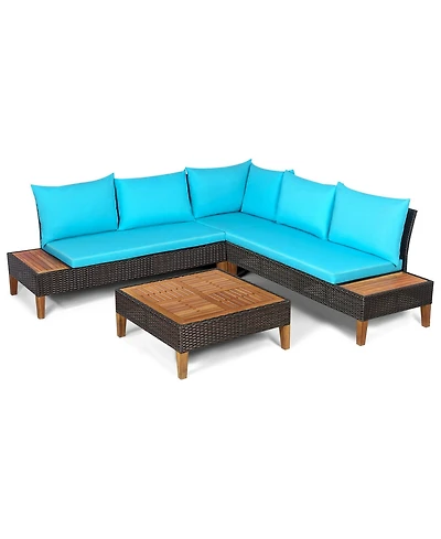 Gymax 4PCS Acacia Wood Patio Furniture Set Rattan Conversation Set w/ Turquoise Cushions