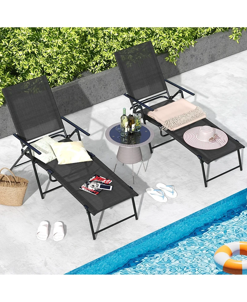 Costway 2 Piece Patio Folding Chaise Lounge Chairs with 6-Level Backrest Reclining