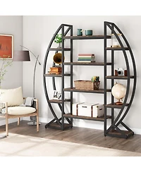 Tribesigns Oval Bookshelf, Triple Wide 5 Tier Etagere Bookcase, Industrial Display Shelves for Living Room (Brown, 55")