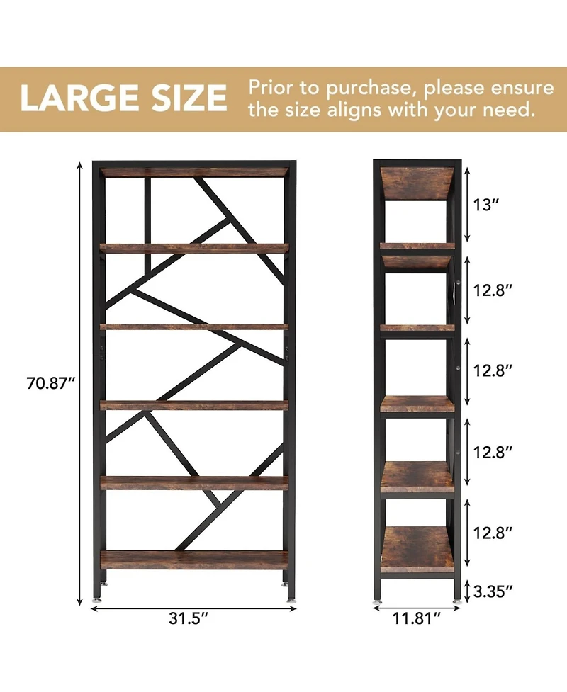 Tribesigns 71 Inch Industrial Bookshelf, 6 Shelf Etagere Bookcase, Free Standing Open Book Shelves Storage Display Shelf for Bedroom Home Office Livin