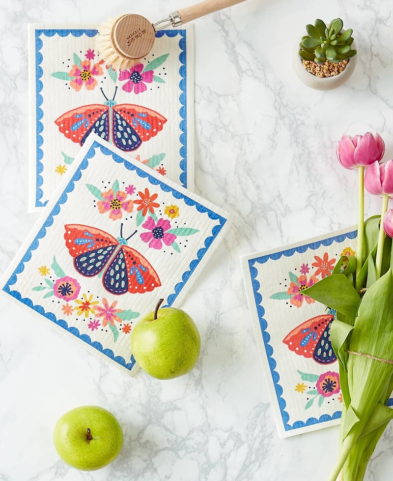 Design Imports Swedish Dishcloths for Kitchen Cleaning, Machine Washable Dishwasher Safe, 7.75 x 6.75", Butterfly Folk, 3 Piece