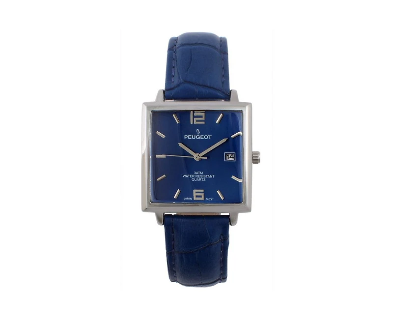 Peugeot Men's Modern 35x35mm Square Watch with Metal Case with Blue Leather Band