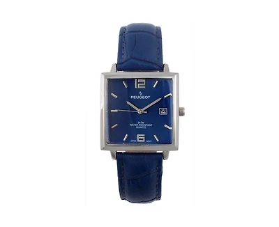 Peugeot Men's Modern 35x35mm Square Watch with Metal Case with Blue Leather Band