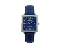 Peugeot Men's Modern 35x35mm Square Watch with Metal Case with Blue Leather Band
