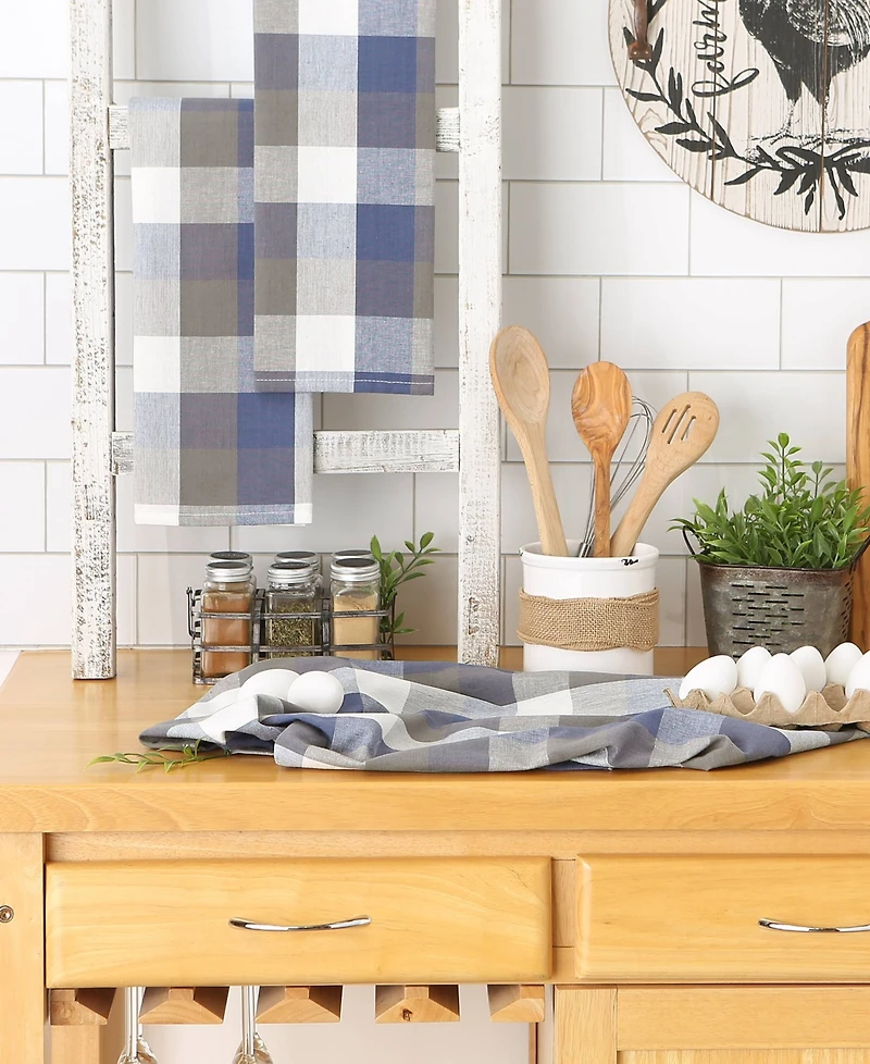 Design Imports Tri-Color Check Collection Kitchen, Dishtowel Set, French Blue, 3 Piece