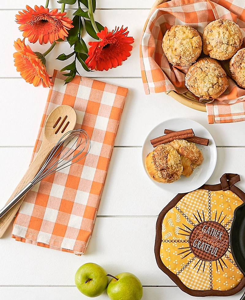 Design Imports Fall Kitchen Decor Collection Dish Towel Potholder Hostess Gift Set, Sunflowers/Orange Buffalo Check, 3 Piece