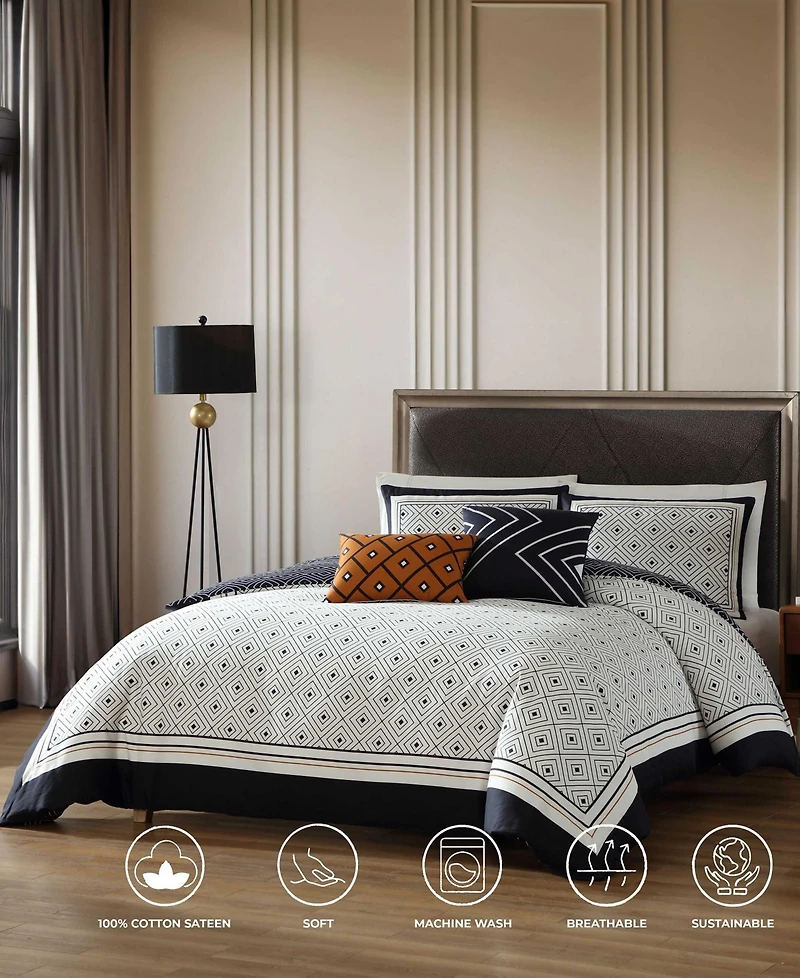 Bebejan Geometric Black & White Bedding 200 Thread Count 100% Cotton Sateen 5 Piece Reversible Queen Comforter Set