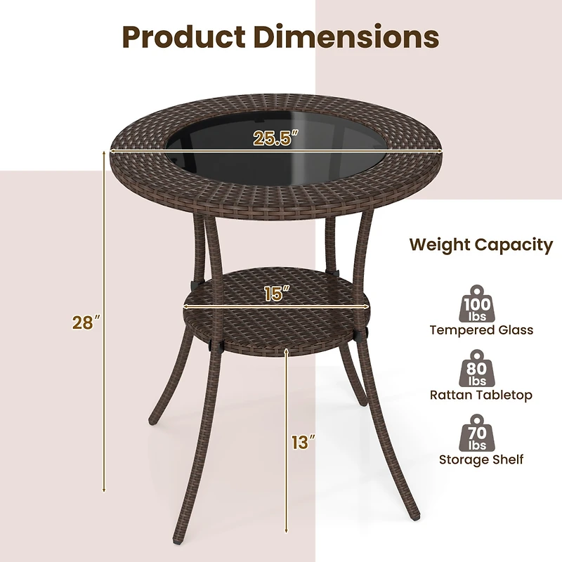 Gymax 25.5'' Pe Wicker Patio Bistro Table Round Coffee Table w/ Tempered Glass Top Outdoor