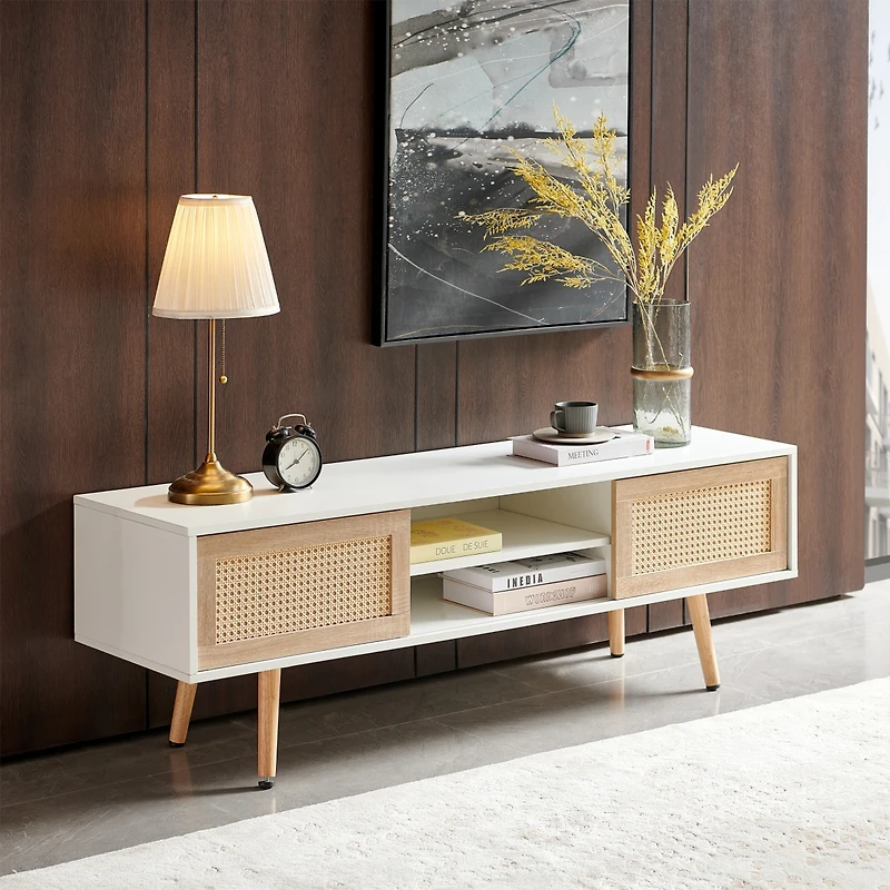 Streamdale White Rattan Tv Cabinet with Sliding Doors & Adjustable Shelf