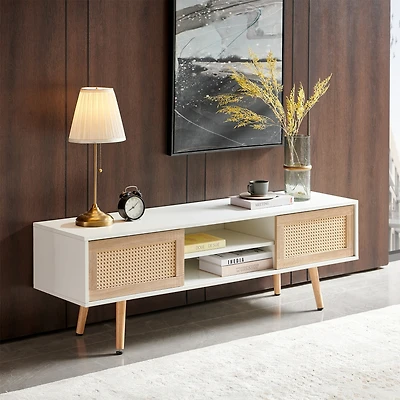 Streamdale White Rattan Tv Cabinet with Sliding Doors & Adjustable Shelf
